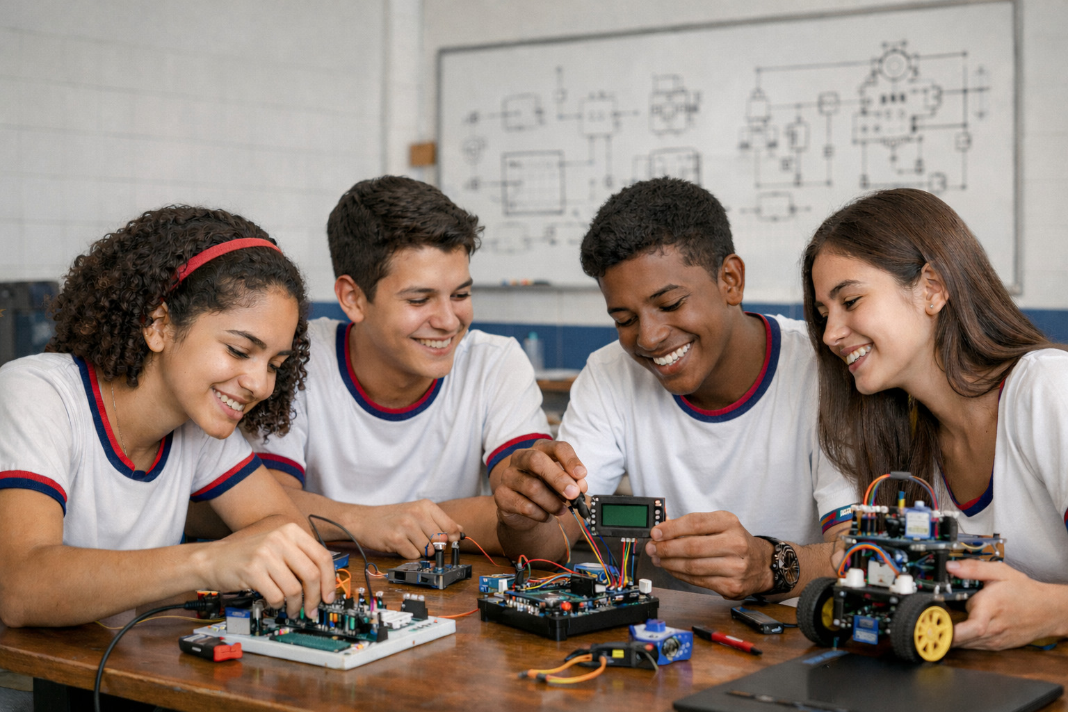 Equipe trabalhando em projeto de robótica